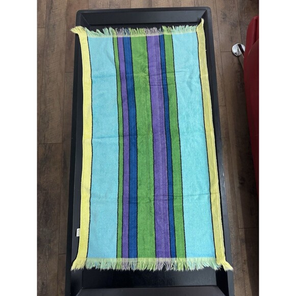 VTG Peqout Striped Towel 60s 70s USA Green Purple Blue Retro Fringe Mod Hippie - Picture 1 of 7